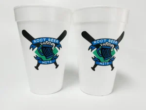 Disposable foam cups with a multi-color root beer theme, featuring crossed bats and a mug design, printed by the AP-600-8 Automatic Screen Printing Machine. Highlights high-quality printing on disposable foam cups for beverage packaging.